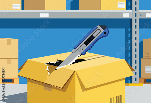 A utility knife pierces a cardboard box in a warehouse setting, surrounded by boxes and shelves