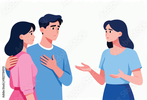 Illustration shows 3 people in a dialogue. A couple is facing a woman gesturing with hands. Expressions of concern and empathy