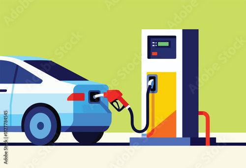 A car is being refueled at a gas station, depicted in a flat, geometric illustration style