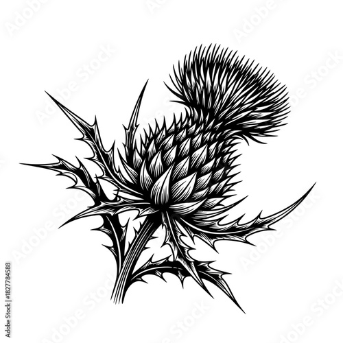 Intricate Heraldic Thistle Flower Silhouette for Scottish Themes and Design