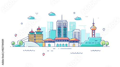 Stylized illustration of a modern city skyline with diverse architecture, including skyscrapers, traditional buildings, and a landmark tower by the water