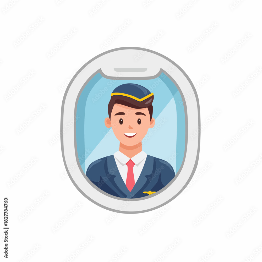 Obraz premium Smiling male flight attendant looking out of an airplane window.
