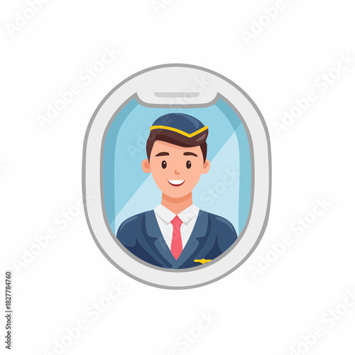 Smiling male flight attendant looking out of an airplane window.