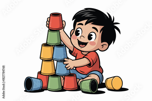 A cartoon child is building a colorful stack of cups, looking joyful, with a few cups knocked over on the floor
