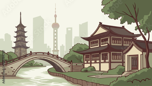Serene traditional chinese landscape illustration with classical architecture, arched stone bridge over a river, and a modern city skyline, blending old and new.