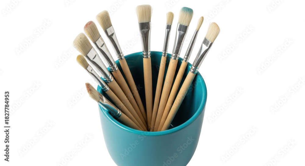 Obraz premium Isolated set of paintbrushes in a teal cup, art tools for painting, no background, rendering