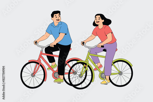 Illustration of a couple joyfully cycling, depicted in a flat style, on colorful bikes against a plain gray backdrop