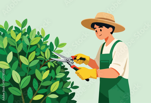 A person in a hat and apron prunes a leafy bush with shears against a pastel green backdrop