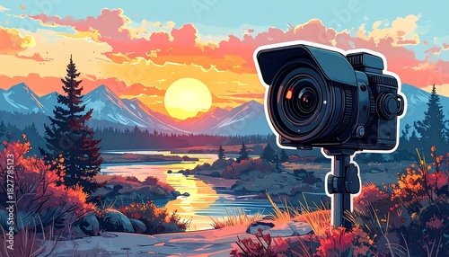 Camera set on a scenic autumn vista sun over mountain range, river flowing in valley, golden hour light