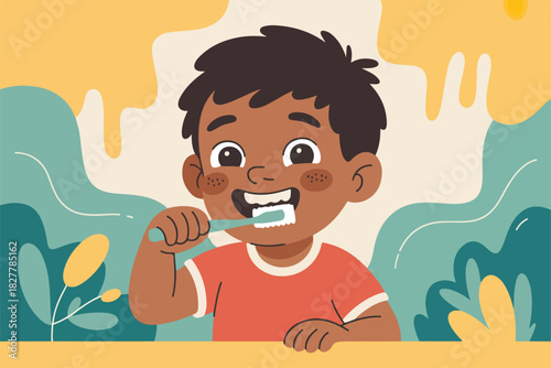 A smiling child with dark hair and skin brushes their teeth with a green toothbrush against a soft color backdrop
