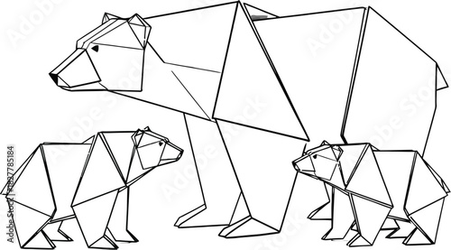 Origami bear family standing together in a white studio setting minimal design