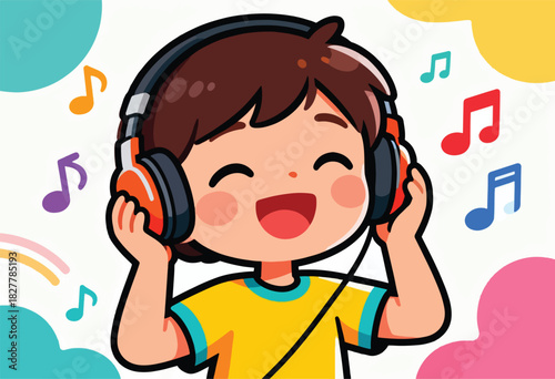 A cartoon child wearing headphones and listening to music, surrounded by colorful musical notes