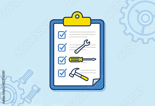 A checklist with ticked items, and tool illustrations wrench, screwdriver, and hammer, on a light blue background
