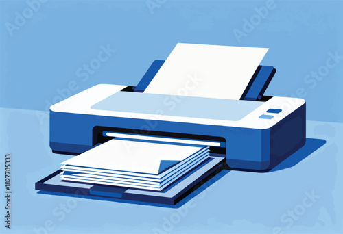 A flat illustration of a blue and white printer with a stack of paper in its output tray. One paper feeds in