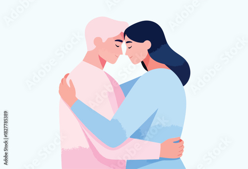 Illustration depicting a tender embrace between two individuals, their eyes closed in closeness. Their bodies are touching