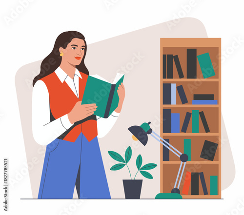 A woman stands in a well-lit room, immersed in reading a book while surrounded by shelves filled with books, representing a love for knowledge.