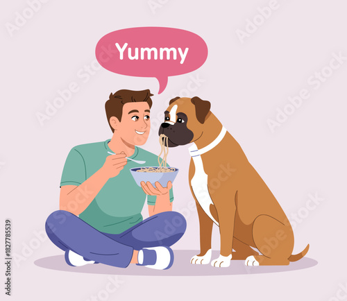 A delightful scene of a man sharing noodle time with his dog, conveying happiness and companionship, highlighting the bond between pets and humans during mealtime moments.