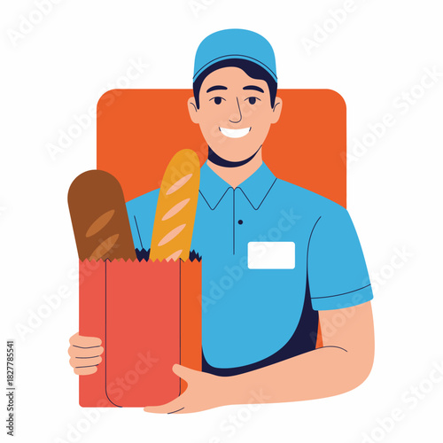 A cheerful delivery person with a blue uniform grins while holding a bag full of fresh bread, symbolizing joyful service and the convenience of food delivery in modern times.