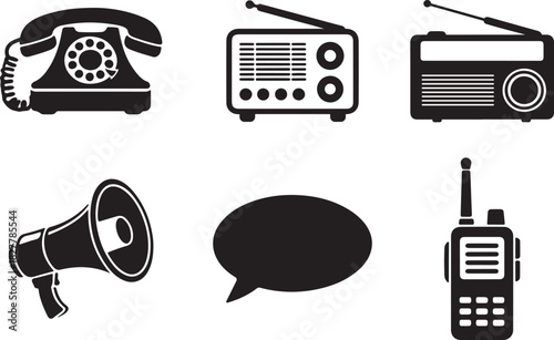 Communication silhouette icons set telephone, radio, megaphone, speech bubble, walkie talkie vector illustration