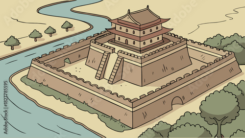 Ancient asian fortress illustration with a grand central building and protective walls, situated beside a winding river and lush green trees
