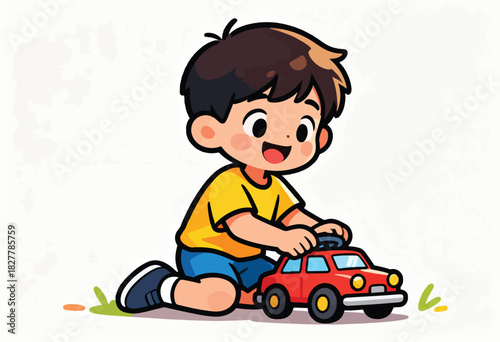 Cartoon boy plays with a red toy car, seated on grass. Image has a clean background