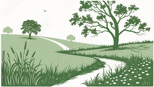 Green landscape illustration with a winding path through rolling hills, lush trees, tall grass, reeds, and delicate white flowers under a clear sky.