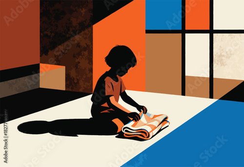Silhouette of a child folding a blanket on a cream-colored surface, amidst bold geometric shapes