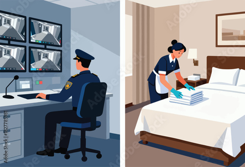 Security guard monitors cameras, while a hotel housekeeper arranges towels on a made bed