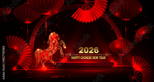 Happy Chinese New Year. Illustration with a golden, exquisite fire horse on a podium.