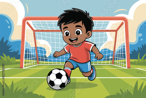 Cartoon illustration of a smiling young boy playing soccer on a green field. A soccer goal stands behind him