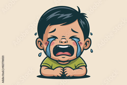 A crying child cartoon, tears streaming, open mouth, hands clasped, olive shirt, black hair. Beige background