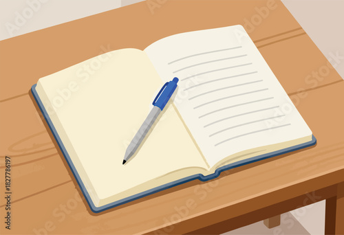 An open notebook with lined pages and a blue-capped pen rests on a wooden table. The composition is simple, clean