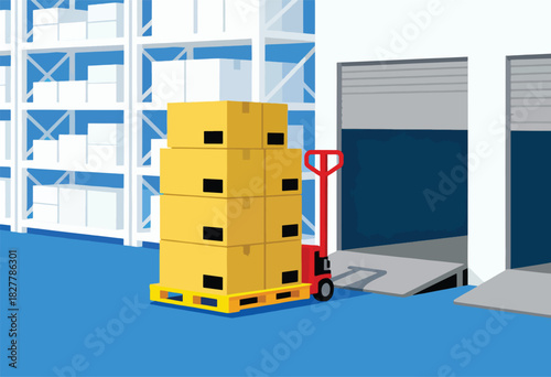 A warehouse scene with a pallet of stacked boxes on a hand truck, near loading docks and shelving units