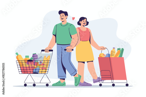 A couple, illustrated, is grocery shopping. A shopping cart and a paper bag are filled with food items. There's a heart