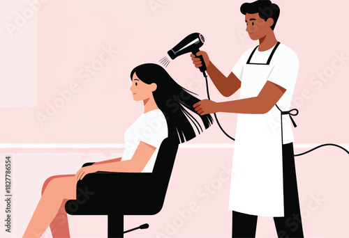 A hairstylist uses a hair dryer on a client's long, black hair in a pink-toned salon scene