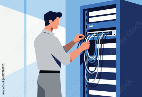 An illustration shows a person installing network cables in a server rack within a data center