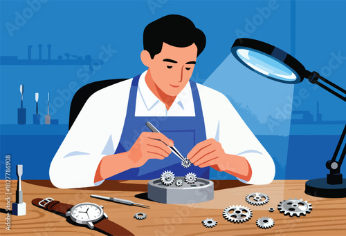 A watchmaker in a white shirt and blue apron meticulously repairs a watch with gears and tools. A lit magnifier overhead