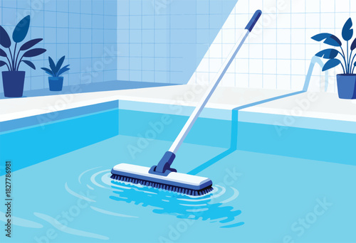 Blue stylized illustration depicts pool cleaning with brush, plants, and tiled walls in shades of blue