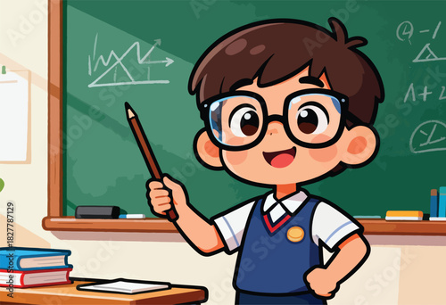 A cartoon boy wearing glasses in front of a chalkboard points with a pencil. Books and eraser are nearby