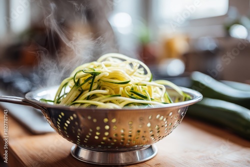 Steaming zucchini noodles being drained in a small metal colander on a wooden cutting board in a brightly lit kitchen, illustrating healthy food preparation and cooking