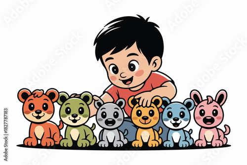 A cheerful child, surrounded by six colorful bear-like creatures, smiles in a vibrant cartoon illustration