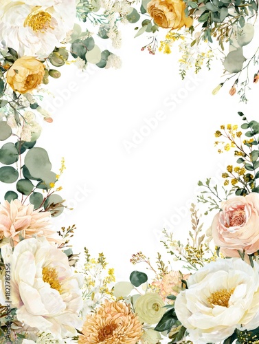 Watercolor floral border with blossom flower and leaf. Wedding invitation frame with botanical illustration for spring.