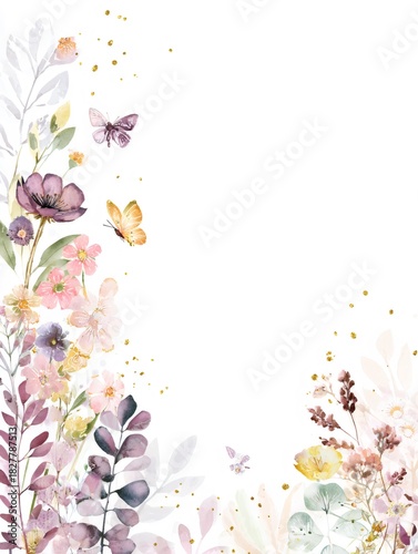 Beautiful watercolor floral arrangement with butterflies and golden glitter elements. Botanical illustration for decorative background, wedding invitation, or greeting card concept.
