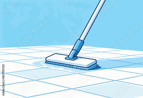 Cartoon illustration of a mop cleaning a tile floor, leaving a wet trail. Clean blue background