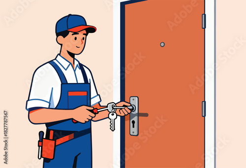 A locksmith wearing a cap and overalls inserts keys into a door lock. A tool belt is visible