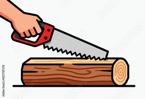 A hand holding a saw cuts into a wooden log, showing saw's teeth. Bright, clean illustration style