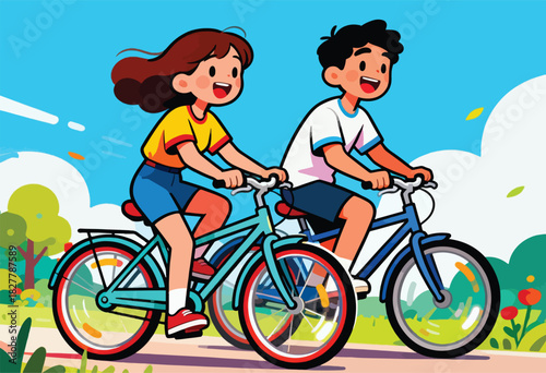 A vibrant cartoon depicts two smiling individuals riding bicycles on a sunny day with playful style
