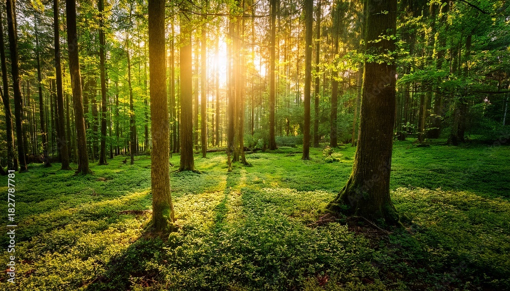 Fototapeta premium Lush Green Forest Illuminated By Golden Sunlight Piercing Throug