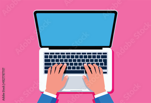 A flat illustration depicts a laptop with hands typing on it, on a pink background.