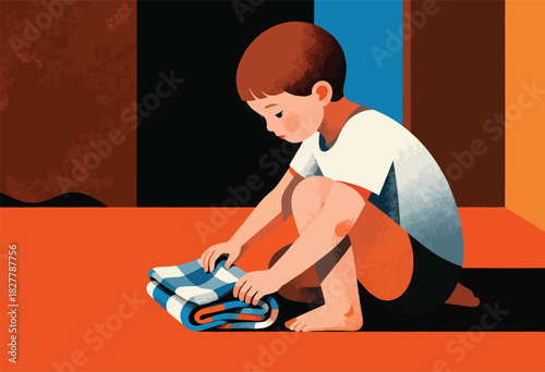 A young child, dressed casually, sits and folds a patterned blanket on an orange floor, with color block backgrounds